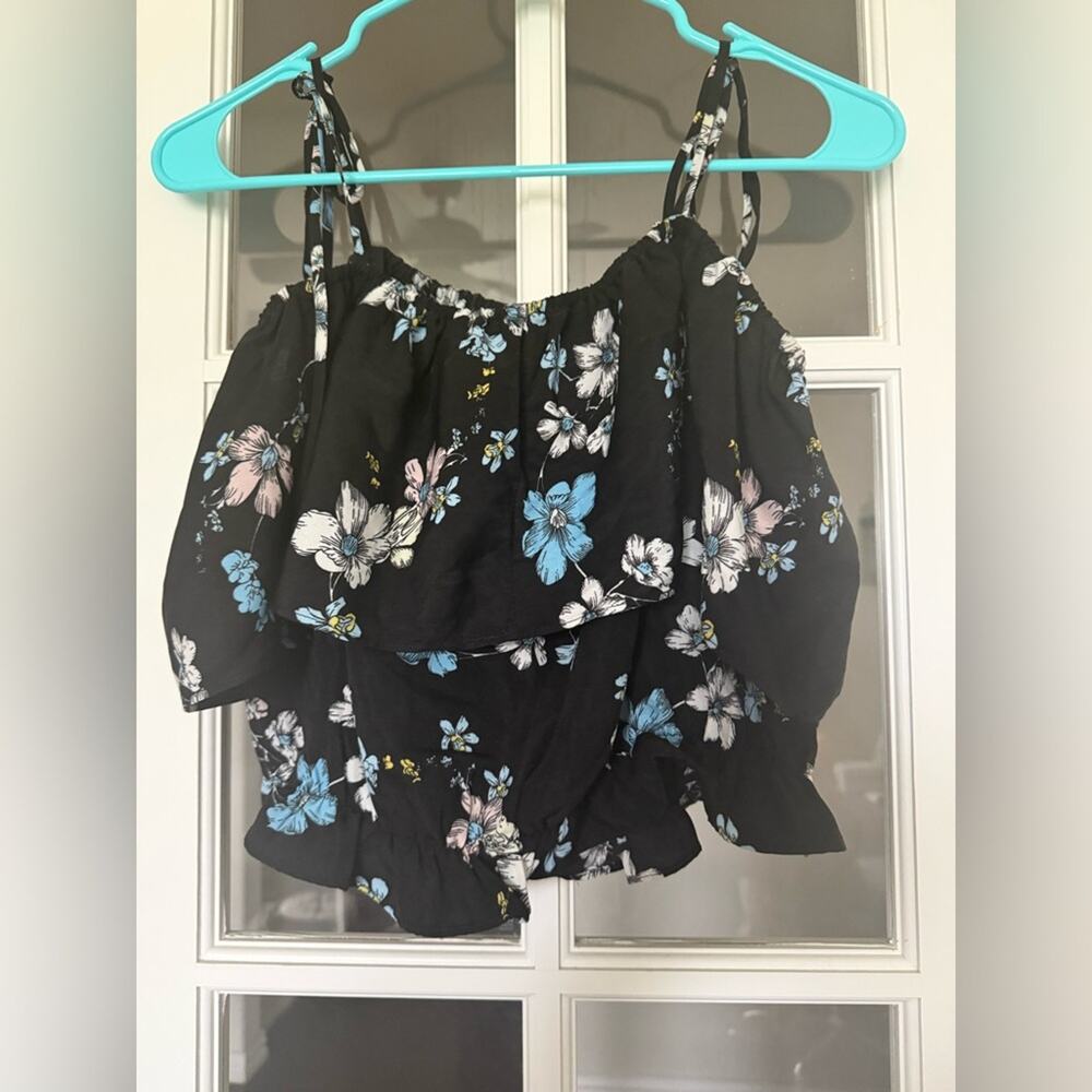 English Factory spaghetti strap ruffle crop top black with floral print medium